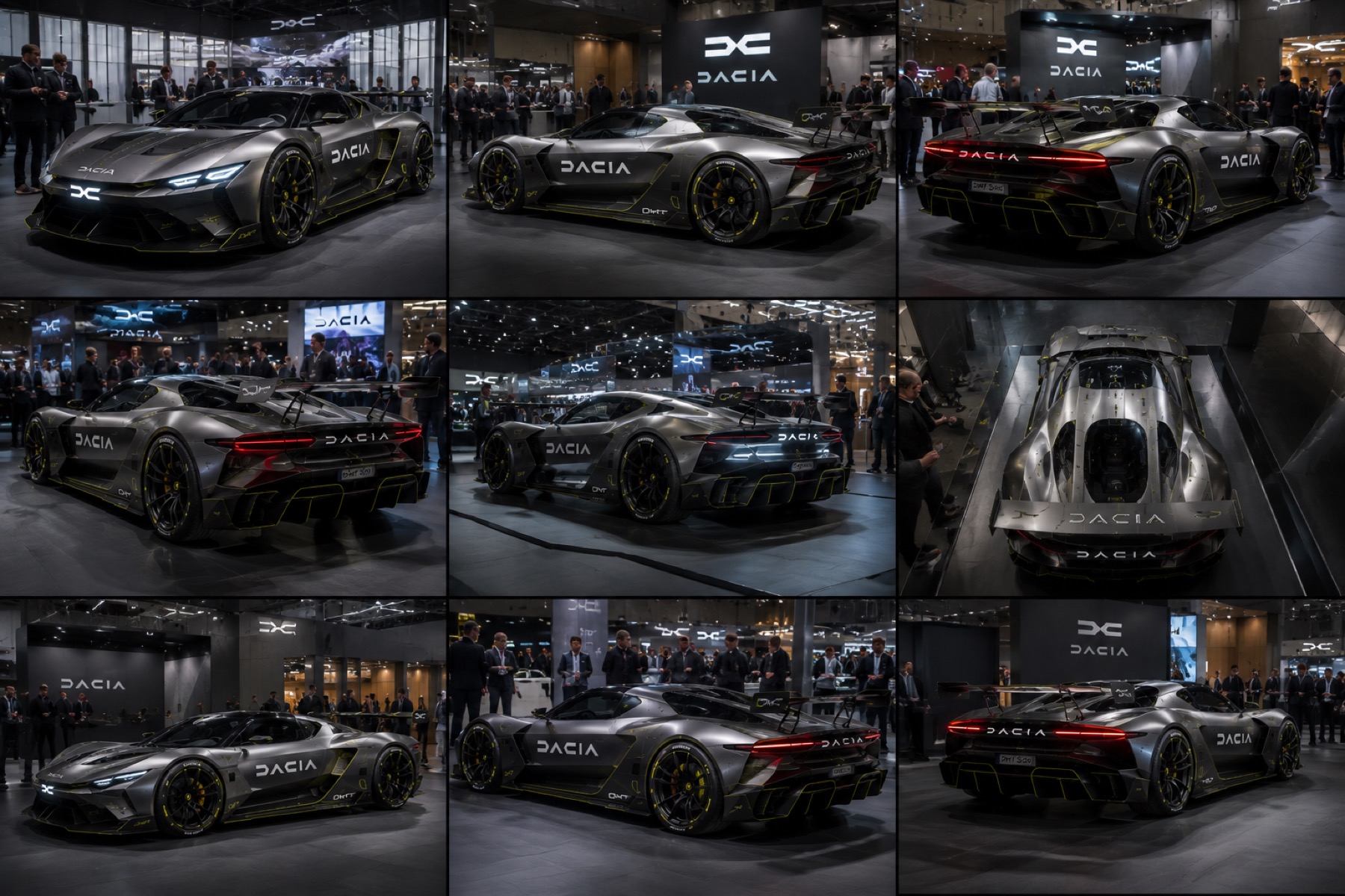 KI-generierte Dacia DMT-S01 Street Edition als dunkles Supersport-Showcar auf einer Messe.